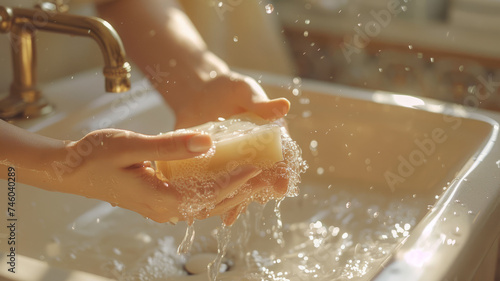 A person washing hands with soap and water.