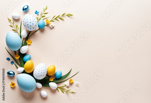 Elegant Easter Eggs and Spring Flowers Arrangement with copy space © AIris
