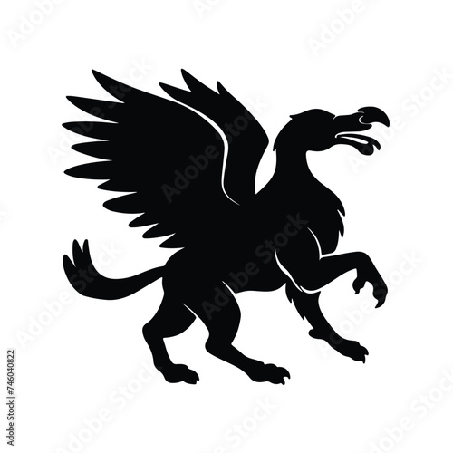 Black silhouette of a CUTE Hippogriff black griffin with thick outline side view isolated