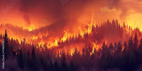 Forest fire in the mountains. Wildfire burns