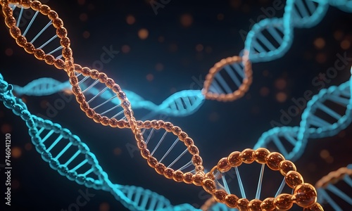 An illustrative representation of a DNA molecule with a golden helix structure against a dark background. The image symbolizes advanced genetics research and biotechnology concepts. AI Generative