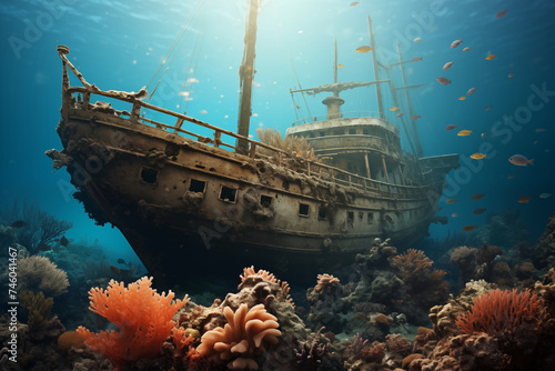 A sunken, rusted ship with corals on it in clear waters with fish.