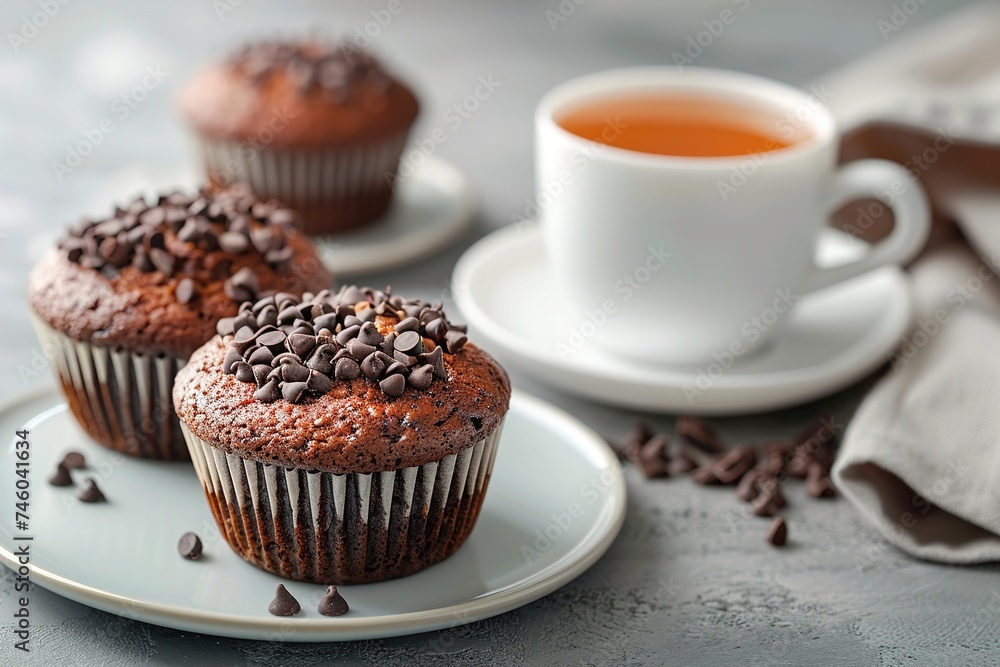 Fresh chocolate Muffins with a mug of tea on grey table. Image for Cafe and Restaurant Menus Fresh chocolate Muffins with a mug of tea on grey table. Image for Cafe and Restaurant Menus