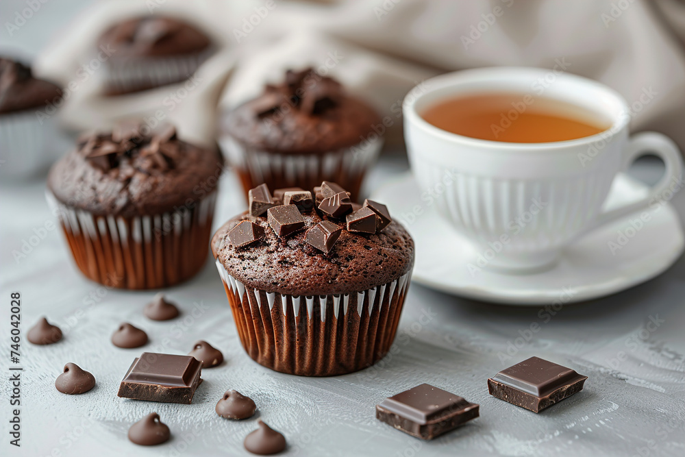 Fresh chocolate Muffins with a mug of tea on grey table. Image for Cafe and Restaurant Menus Fresh chocolate Muffins with a mug of tea on grey table. Image for Cafe and Restaurant Menus