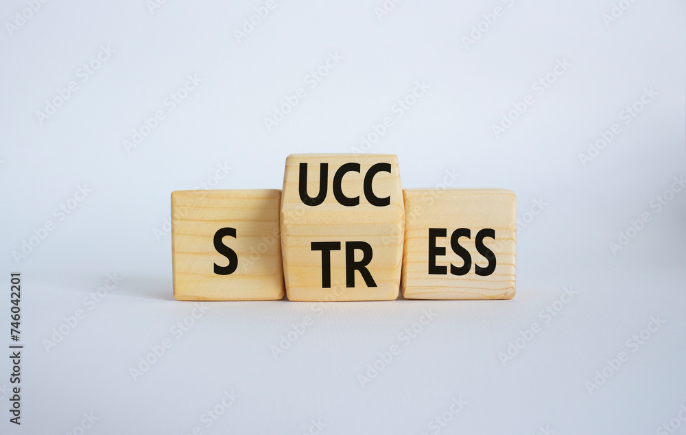 Success vs Stress symbol. Wooden cubes with words Stress and Success. Beautiful white background. Business concept and Success vs Stress. Copy space Success vs Stress symbol. Wooden cubes with words Stress and Success. Beautiful white background. Business concept and Success vs Stress. Copy space