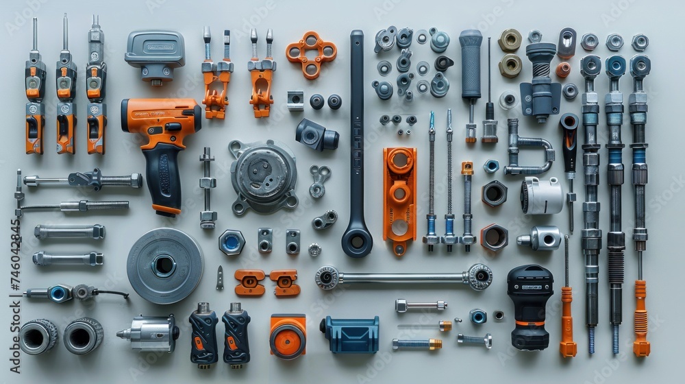Flat lay of various technician tools isolated on white background Flat lay of various technician tools isolated on white background