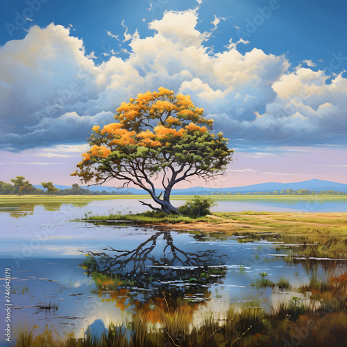The Resilient Lone Tree: An Exquisite Reflection of Nature's Grandeur by A Serene Lake © Jon
