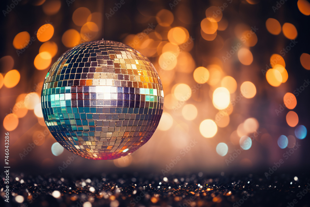 A shimmering silver disco ball against a golden bokeh background. Generated by artificial intelligence A shimmering silver disco ball against a golden bokeh background. Generated by artificial intelligence