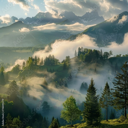 a foggy mountain landscape with trees and mountains