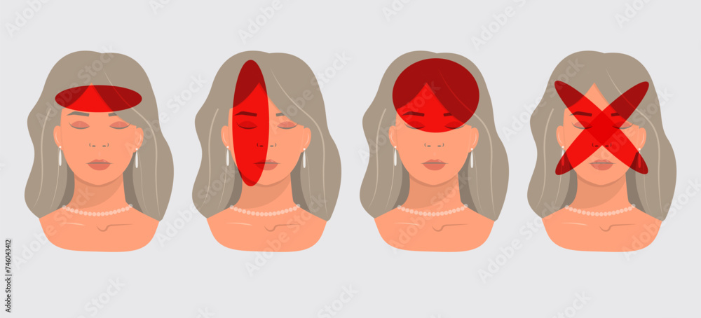 Vector illustration girl having a headache. Localization and types of headaches. Neurology and medicine.