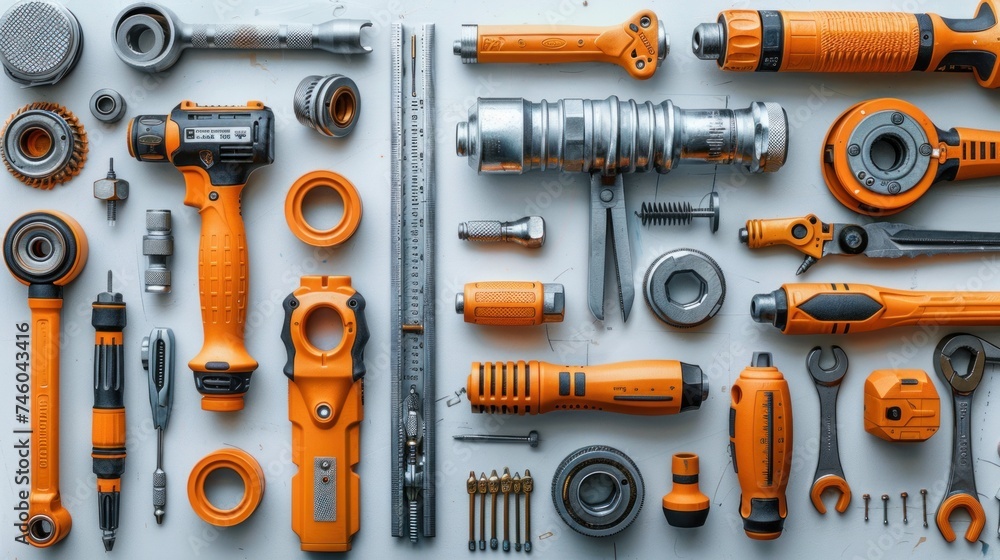 Flat lay of various technician tools isolated on white background Flat lay of various technician tools isolated on white background