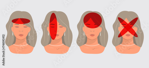 Vector illustration  girl having a headache. Localization and types of headaches. Neurology and medicine.