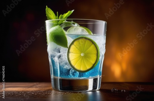 summer cocktail with lime, sprite vodka alcoholic cocktail, soft drink with ice, International Bartenders Day, water drops, wooden table, horizontal web banner, place for text