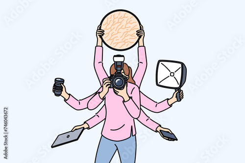 Multi-armed woman photographer does several things at same time due to lack of assistant or problems with planning. Professional photographer multitasking during photo shoot to increase productivity