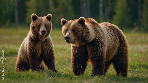 A Breathtaking Natural Scene: Brown Bear Mother Strolling with Her Cub on Green Meadows
