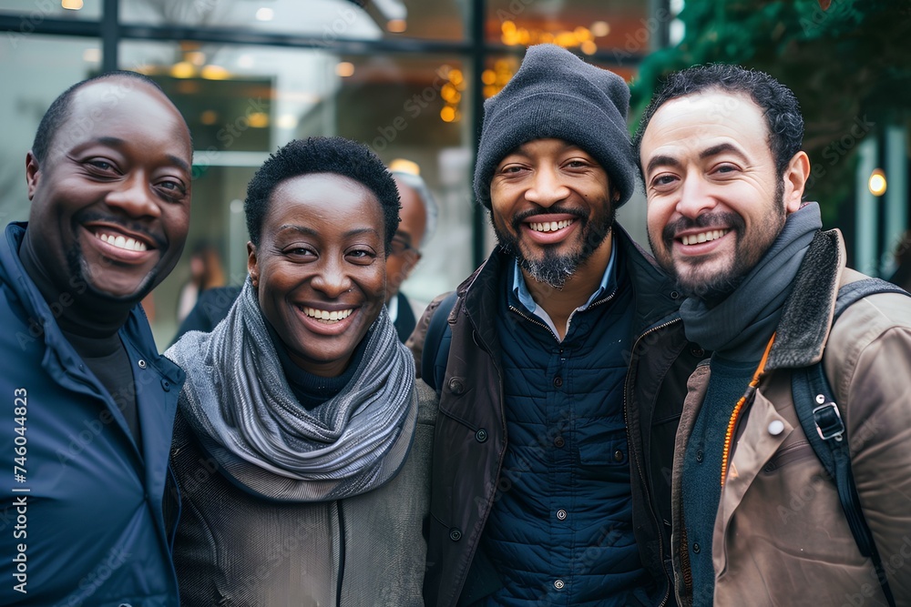 Group of four diverse business professionals smiling for the camera at an informal business meeting during a networking event, in the style of contemporary. generative AI Group of four diverse business professionals smiling for the camera at an informal business meeting during a networking event, in the style of contemporary. generative AI