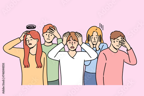 Excited people experiencing panic or discomfort caused by magnetic storms affecting psychological state. Crowd of men and women suffering from panic after receiving fake news with misinformation