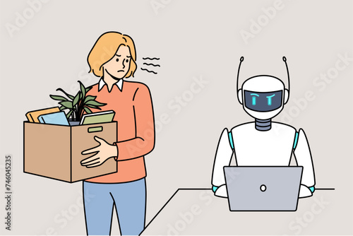 Woman fired due to robotization of business processes stands with dismissal box near robot with laptop. Fired girl is angry at artificial intelligence and robotization tech that replace living people