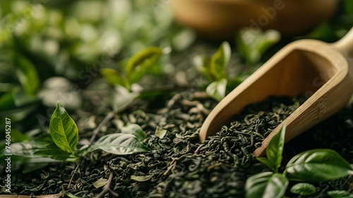 Background of tea leaves, green tea, wooden scoop photo