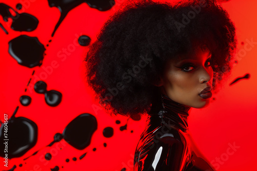 Beauty portrait of a black woman with afro hair in latex suit