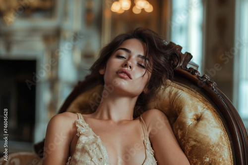 A wealthy woman sensually reclining resting on an antique armchair in her mansion