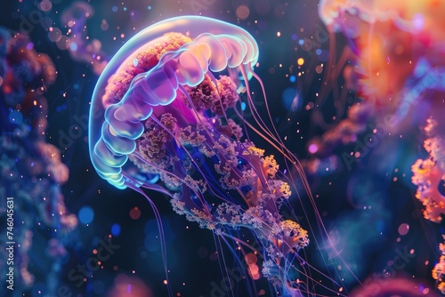 A jellyfish overlaid with underwater bioluminescent organisms in a double exposure #746045631