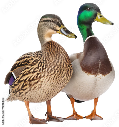 Male and female mallard duck couple isolated on a white background