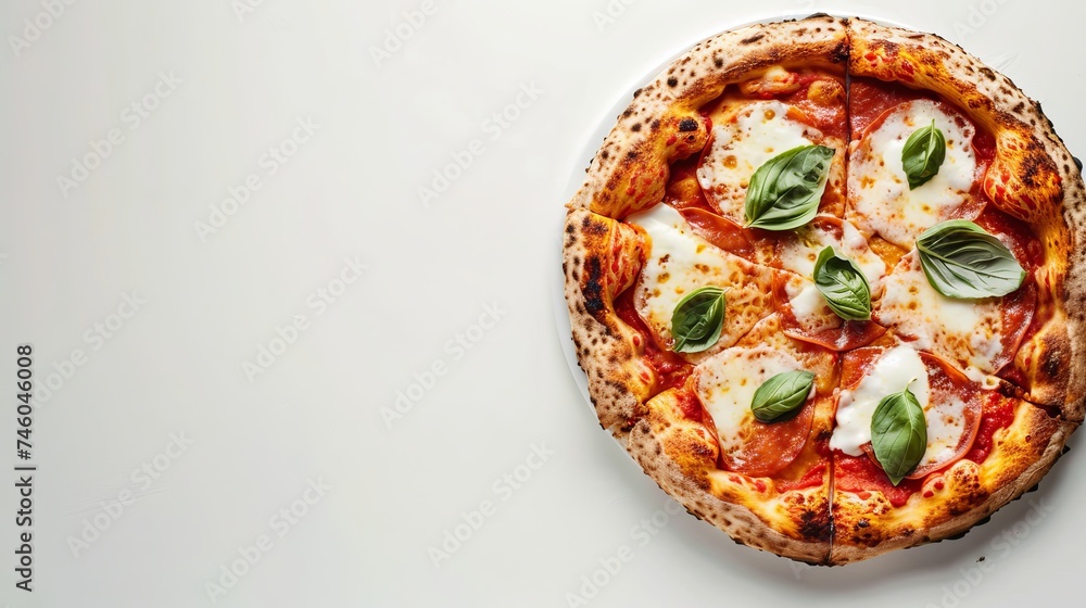 Margherita pizza seen from above against a white backdrop Margherita pizza seen from above against a white backdrop