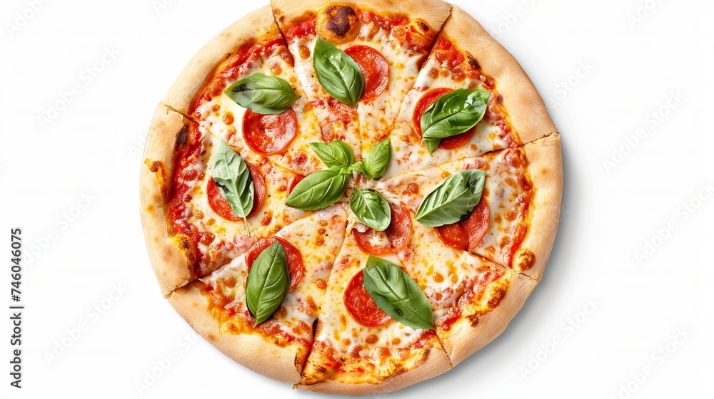 Margherita pizza seen from above against a white backdrop Margherita pizza seen from above against a white backdrop