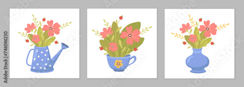 Set of cute card with hand drawn bouquets with blooming flowers. Beautiful flower compositions. Flat vector illustration for greeting card, invitation, stickers, postcard, poster, print. 