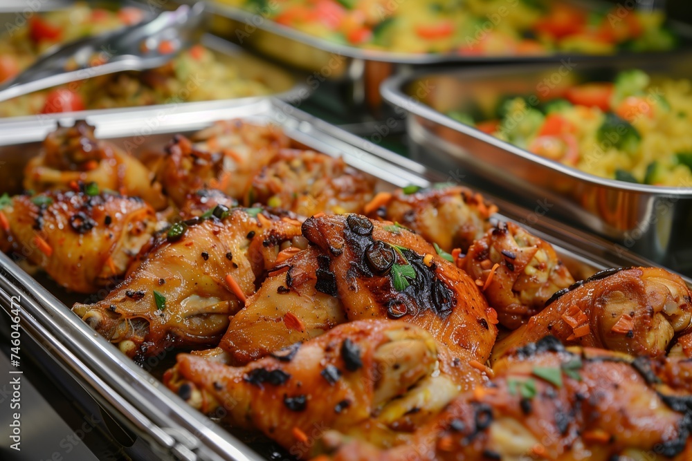 grilled chicken breasts in a serving tray at a buffet