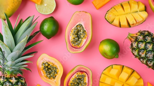 Unique top view arrangement including tropical fruits such as papaya, pineapple, lime, yellow mango, and passion fruit on a pink backdrop