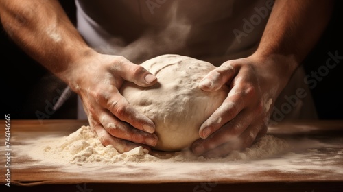 A man kneads dough on a wooden table sprinkled with flour. Close-up of hands.