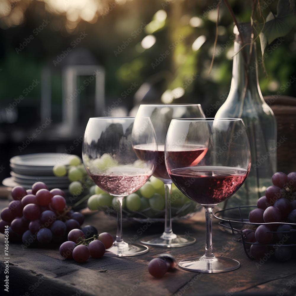 Glasses of red wine and fresh grapes on the table served  on natural background