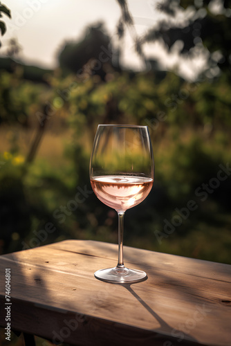 Glass of white wine on the table outdoors on blurred vineyard background