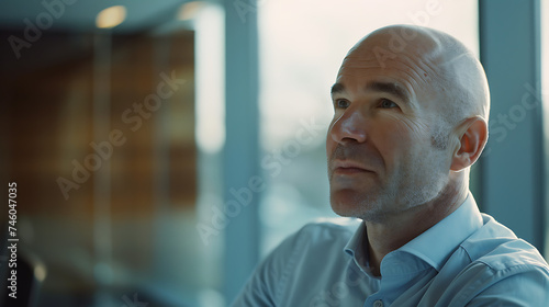 Homem de negócios confiante apresentando em uma sala de reuniões moderna com luz natural suave ao fundo