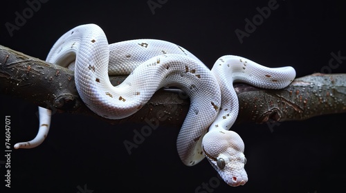 In a dark studio, a white common tree boa wraps its body around a branch against a black background.