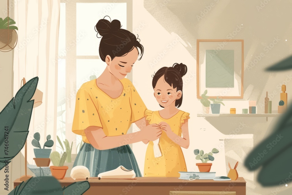illustration of a mother helping her child get dressed illustration of a mother helping her child get dressed