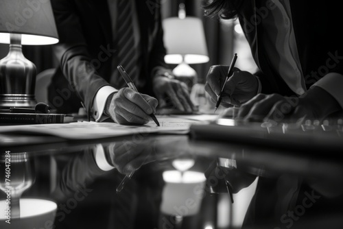 two business people signing documents at a desk Generative AI photo
