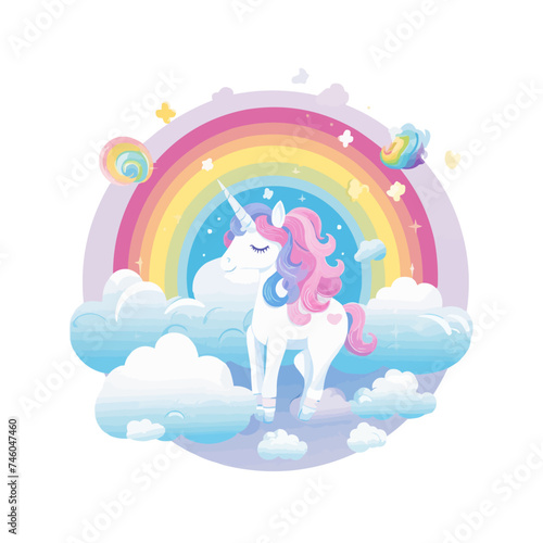 Vector rainbow with clouds. Unicorn treasures concept. Magic or fairytale decoration for cards isolated on white background. Cute weather element.