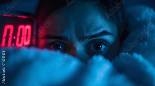 Closeup of a woman lying in bed, covered with blanket or sheets, frustrated young female person can't sleep, alarm clock in the background, showing 00:00, midnight time. Insomnia and sleepless problem