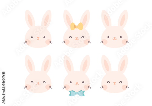 Cute bunnies faces. Easter white bunny. Rabbit characters with bows. Vector illustration in flat style