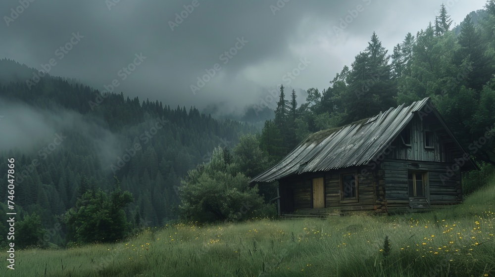 a wooden home in a lush setting on a dreary day a wooden home in a lush setting on a dreary day