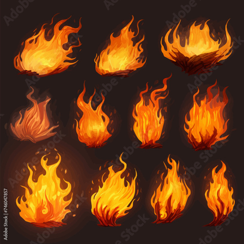 Blazing fire set. Yellow varieties of flames with orange gradient