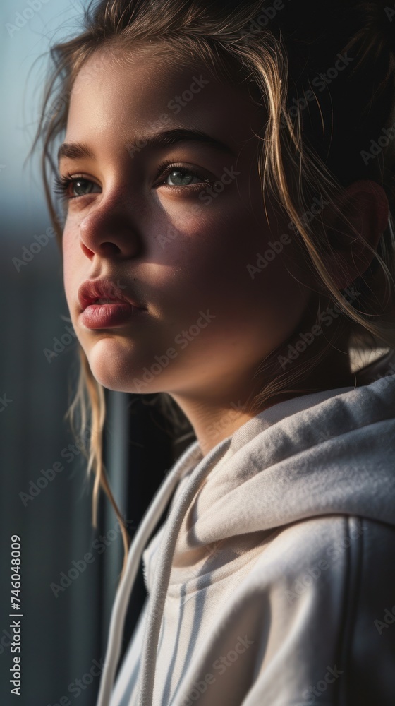 A young woman wearing a white hoodie gazes out a window. The sunlight streams across her face, casting a shadow on her cheek. A young woman wearing a white hoodie gazes out a window. The sunlight streams across her face, casting a shadow on her cheek.