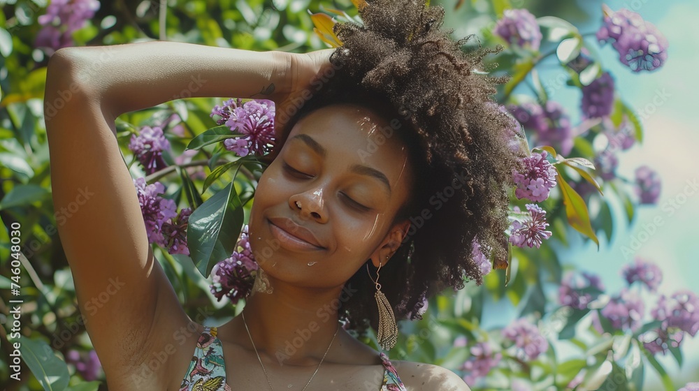 Young black woman in the park swinging her hair next to a luxuriant tree with tiny purple flowers Young black woman in the park swinging her hair next to a luxuriant tree with tiny purple flowers