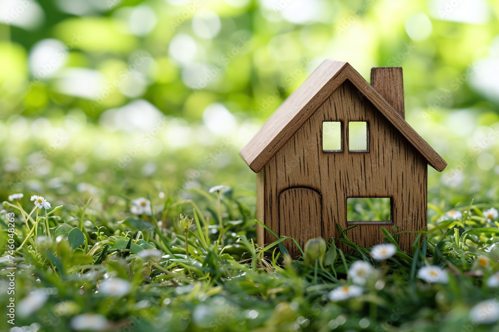 Small wooden house on the grass, concept of buying or renting a home. Purchasing a new apartment or house for the whole family