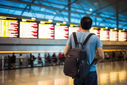 Travel Man at Airport, Tourist, Airport Timetable, Traveler with Luggage Looks at Departure Board