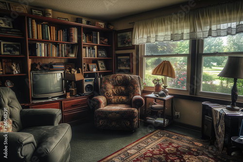 Living room in the 80s, old furniture, many books, retro interior