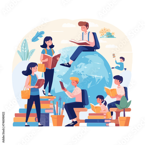 school and preschool lessons subjects illustration. Characters in school classes learning literature, language and foreign language with books. Education concept. flat vector modern illustration